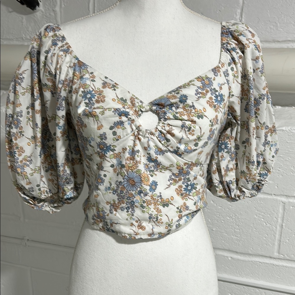 Abercrombie & Fitch Cream and Blue Puff Sleeve Crop Top Smocked Back
